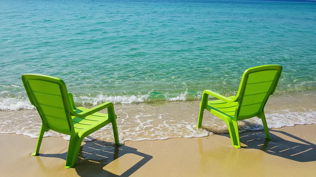 Relaxing Coastal Scene with Two Green Chairs Overlooking a Tranquil Beach at Crystal Clear Waters, Perfect for a Day of Relaxation and Sunbathing
