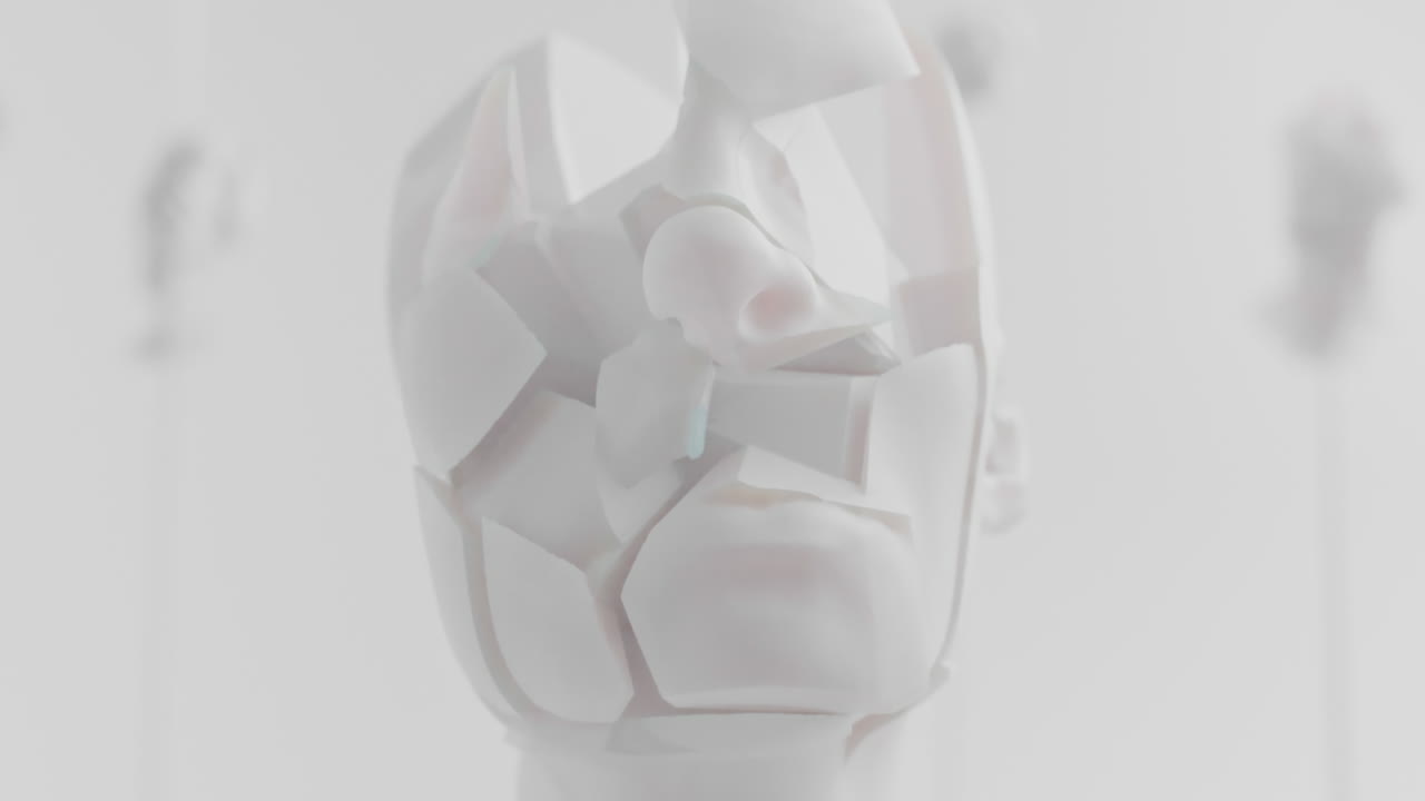 Destroyed android head on spike in white space