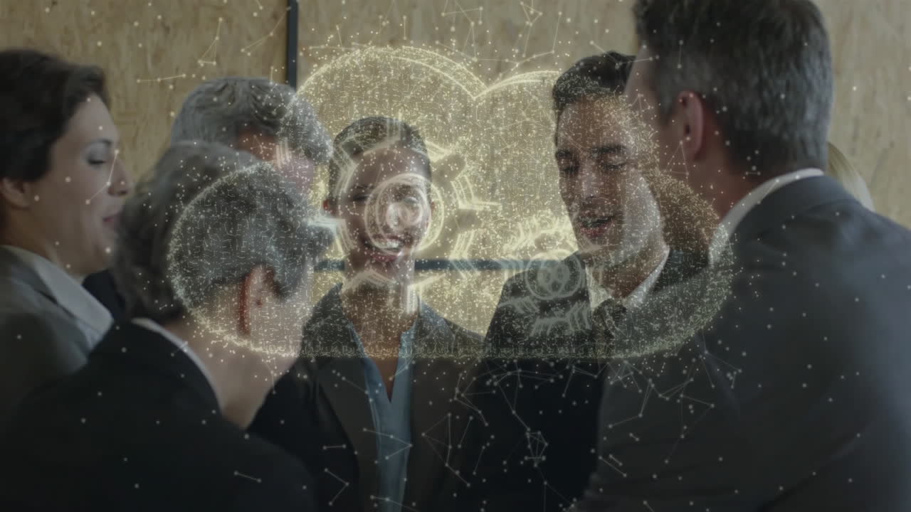 Seven professionals collaborating in business office, showing animated cloud icon and network nodes