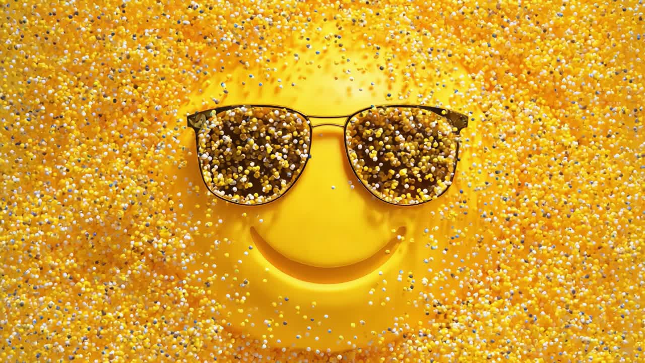 A cheerful, sparkling yellow smiley face wearing stylish sunglasses, surrounded by a vibrant sea of glittering gold and yellow particles that exude happiness and positivity