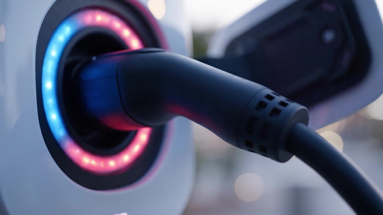 Close-Up View of an Electric Vehicle Charging Port: Detailed Examination of the Charging Connector and Illuminated Port Indication for Electric Vehicle Owners