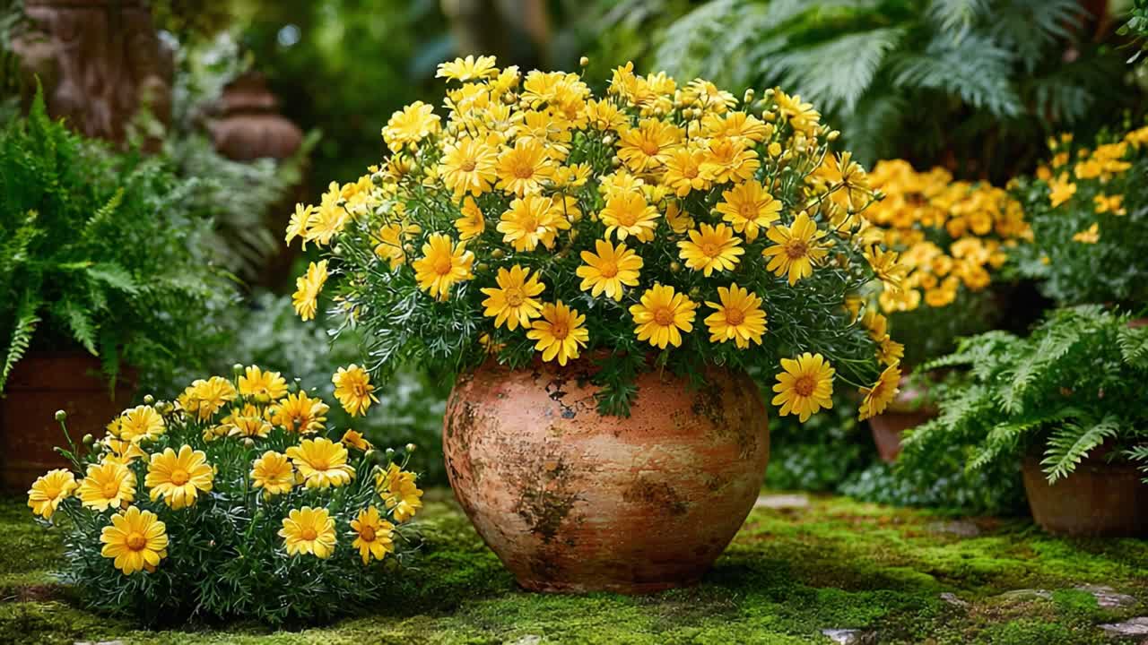 Vibrant Display of Yellow Flowers in Rustic Clay Pots Surrounded by Lush Greenery, Creating a Captivating Garden Aesthetic in Nature's Embrace