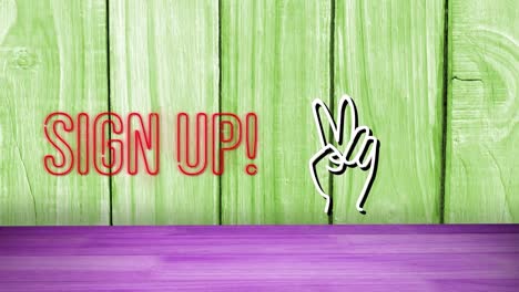 Neon-sign-up-text-and-hand-peace-symbol-against-green-wooden-background