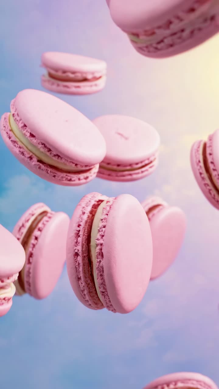 A whimsical video of pink macarons floating against a dreamy sky, captured from a low-angle