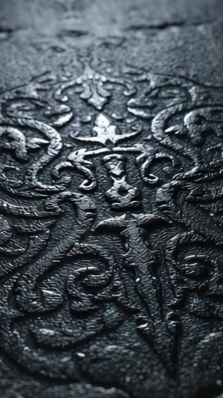 Vertical video: Lighting shifting, camera panning panel in workshop revealing cross vine design