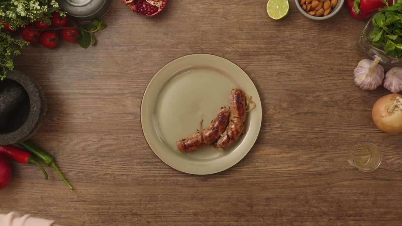 persona de la cosecha que sirve salchichas con cebolla en el plato