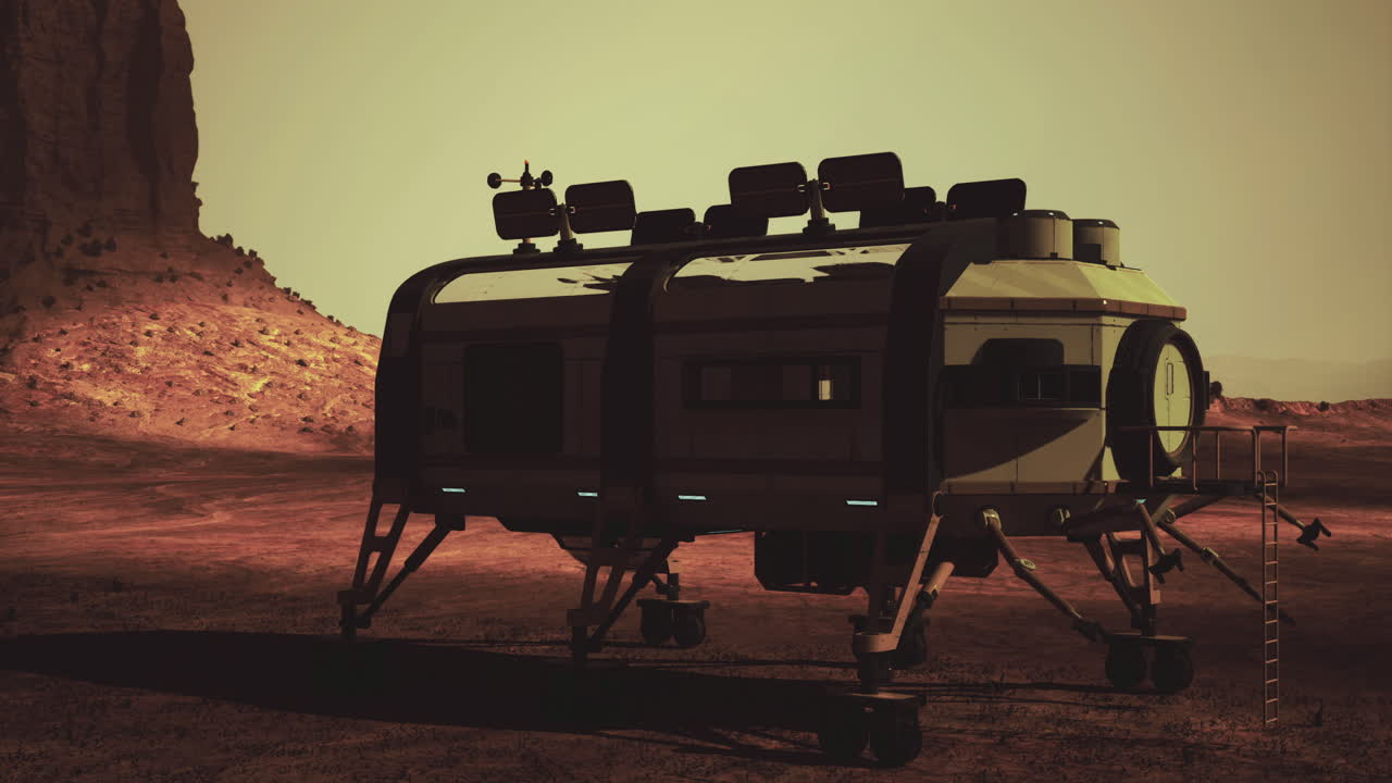 Exploring a futuristic habitat on an alien landscape at sunset