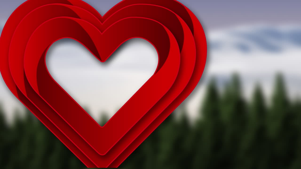 Animering av röda hjärtan över skog och blå himmel med moln
