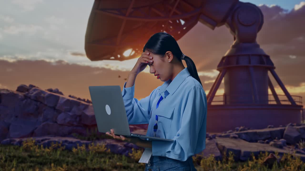 Side View Of An Asian Female Professional Worker Use Laptop With Large Satellite Dish,  She Is Nodding Her Shead With Dissapionted