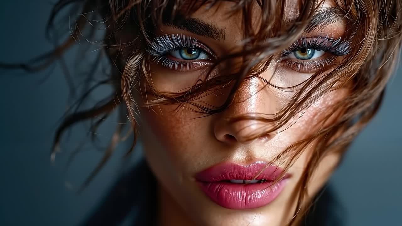 A close up of a woman's face with wet hair