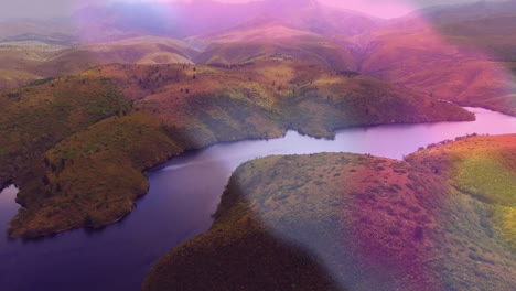 aerial animation of lush green hills surrounding tranquil winding river