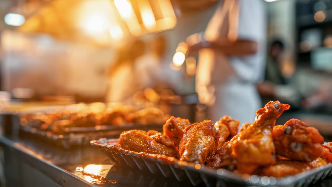 Professional chef preparing succulent chicken wings in a busy kitchen, glazing and roasting under warm lighting, showcasing culinary artistry and appetizing food preparation