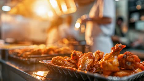 professional chef preparing succulent chicken wings in a busy kitchen, glazing and roasting under warm lighting, showcasing culinary artistry and appetizing food preparation