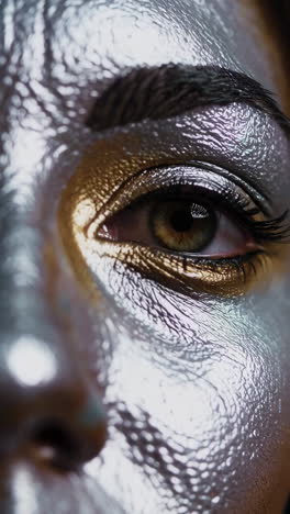 close-up of an eye with metallic silver and gold makeup