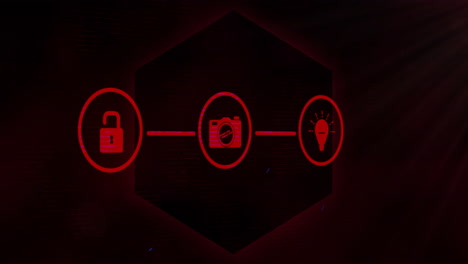 Animation of red icons with lock, camera, and light bulb symbols connected by lines