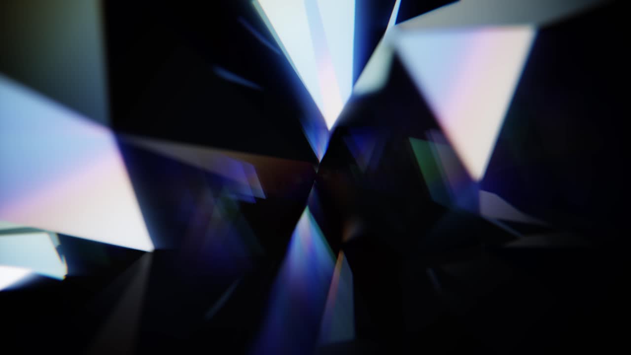 Forme geometriche astratte dinamiche con rifrazioni di luce colorate.