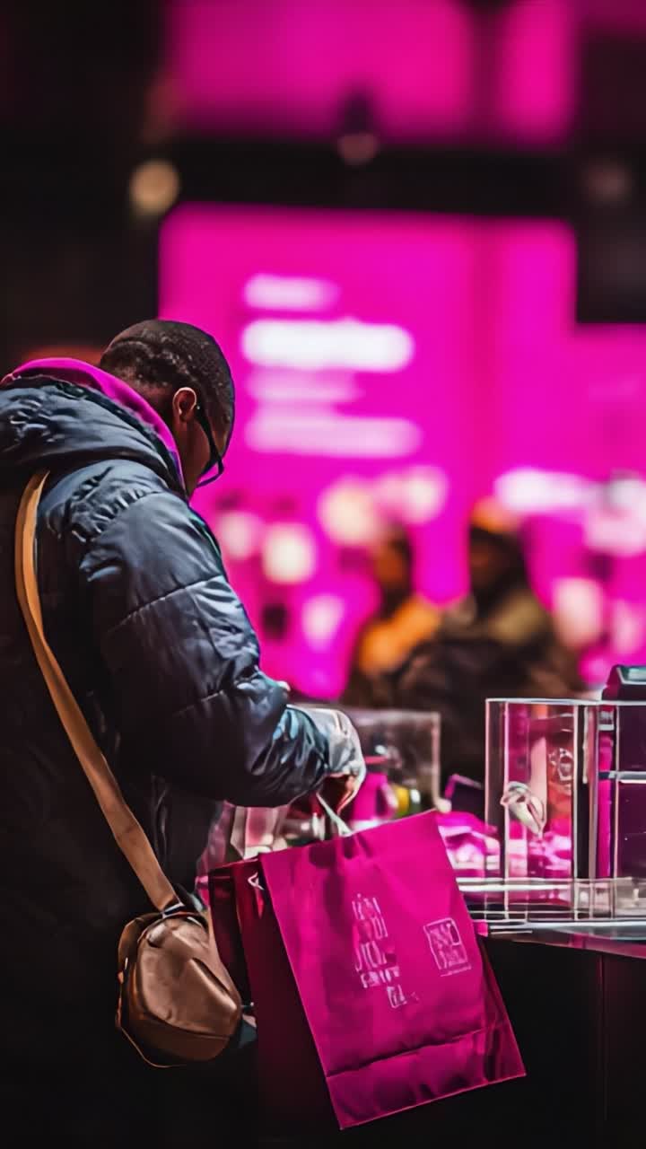 A shopper explores a vibrant retail environment, filled with eye-catching products and a captivating display of pink hues, creating an inviting atmosphere for customers
