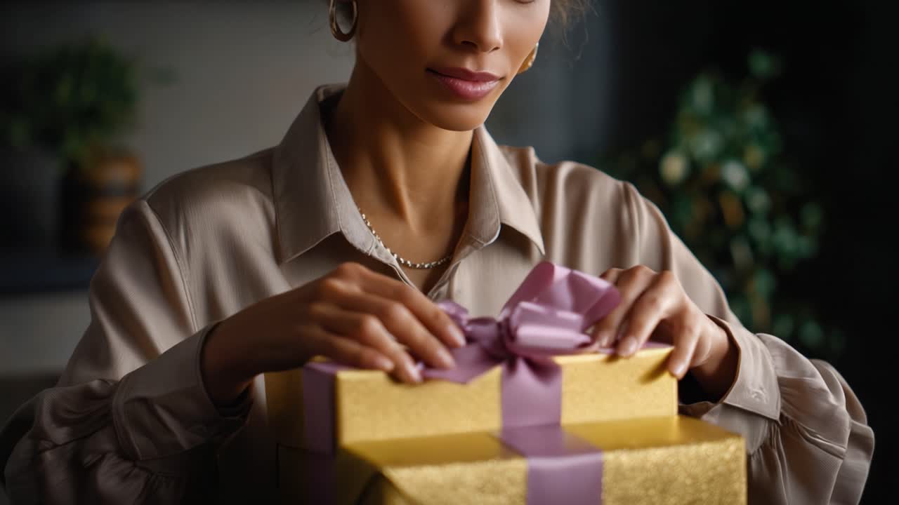 Una donna scarta con grazia una scatola regalo splendidamente incartata e adornata con un nastro rosa, mettendo in mostra i momenti di attesa e gioia associati al ricevere regali.