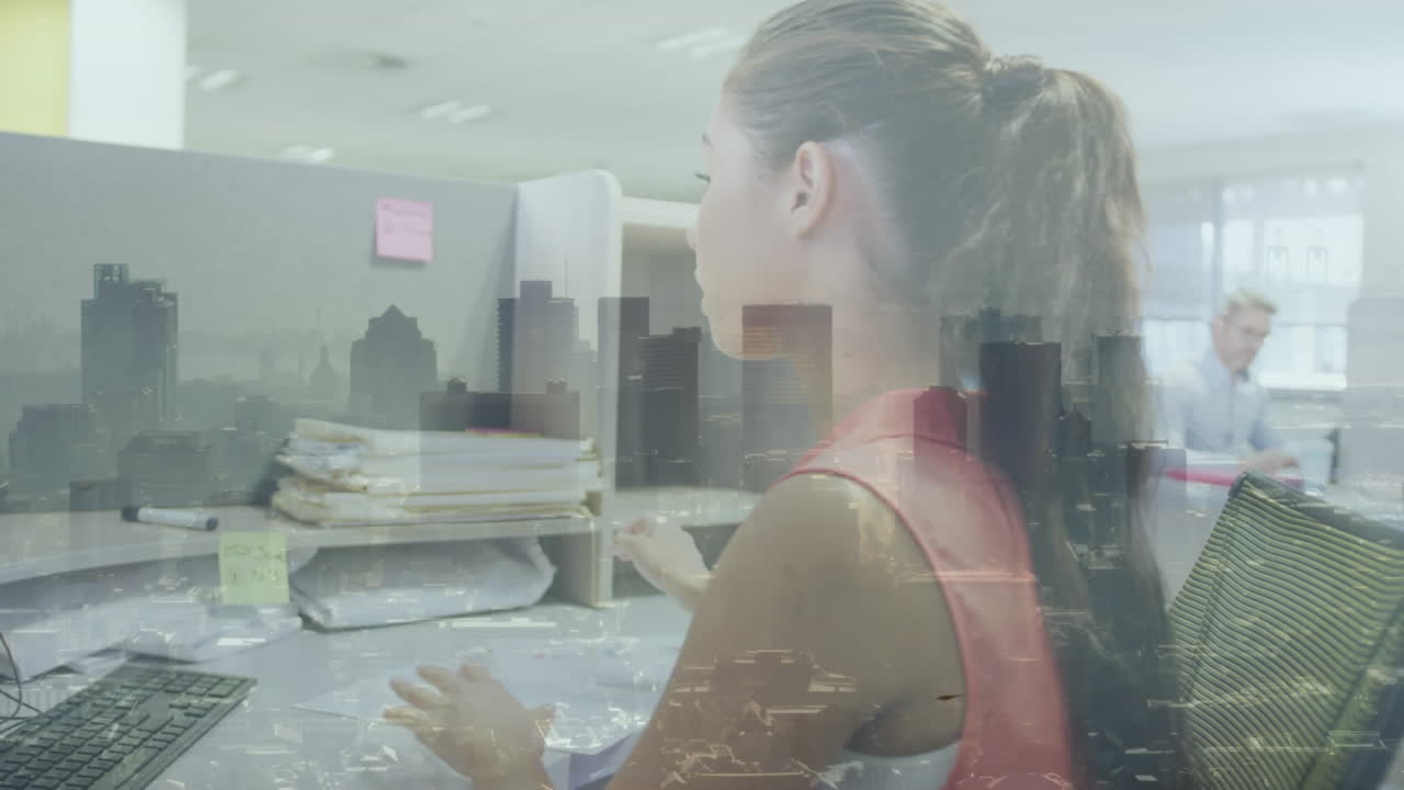 animación del paisaje urbano sobre mujer de negocios en la oficina