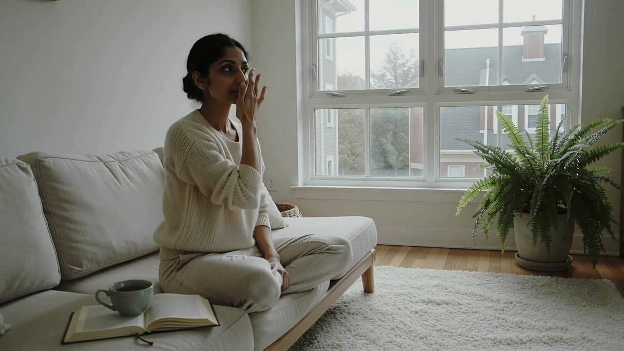 Glancing out window, woman in cream sweater touching face, reflecting at home with notebook and mug