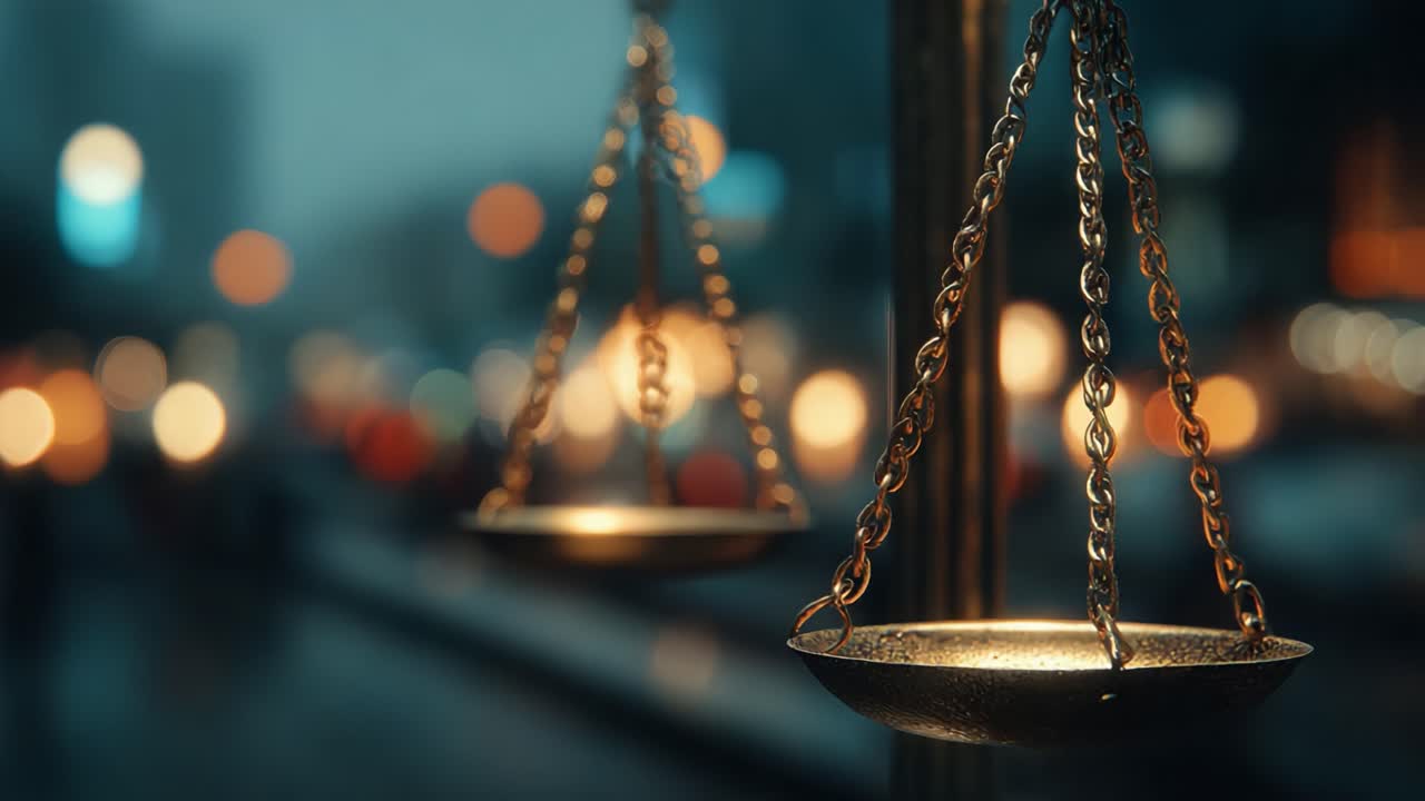 A Captivating Glimpse of Justice: Two Frames Capturing the Essence of Balance with Elegant Scales Illuminated by a Dreamy Evening Atmosphere