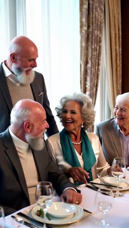 a group of older people are sitting at a table with wine glasses and silverware