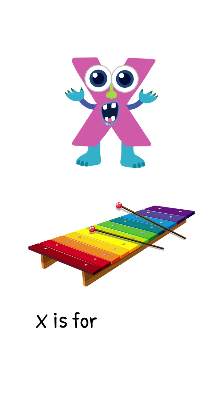 Animazione colorata con un personaggio giocoso e uno xilofono, che illustra la lettera X in uno stile divertente ed educativo