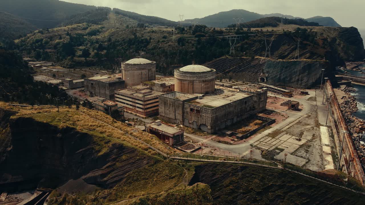 Aerial View of Abandoned Nuclear Power Plant on a Coastal Landscape