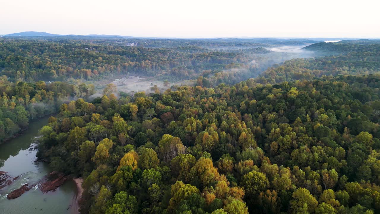 river passing through forest, Chattanooga river, Morning Drone shot, Fog rising from the water, Early Morning mist