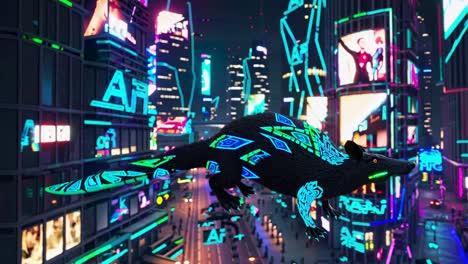 flying rat in a neon cyberpunk city
