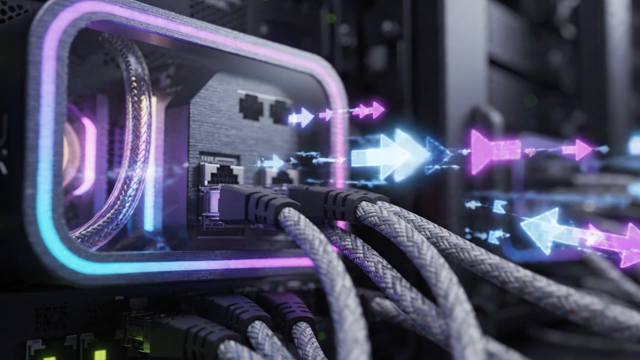 Advanced Networking System with Colorful Cables and Dynamic Data Flow in a Server Room, Highlighting High-Tech Connectivity and Digital Communication