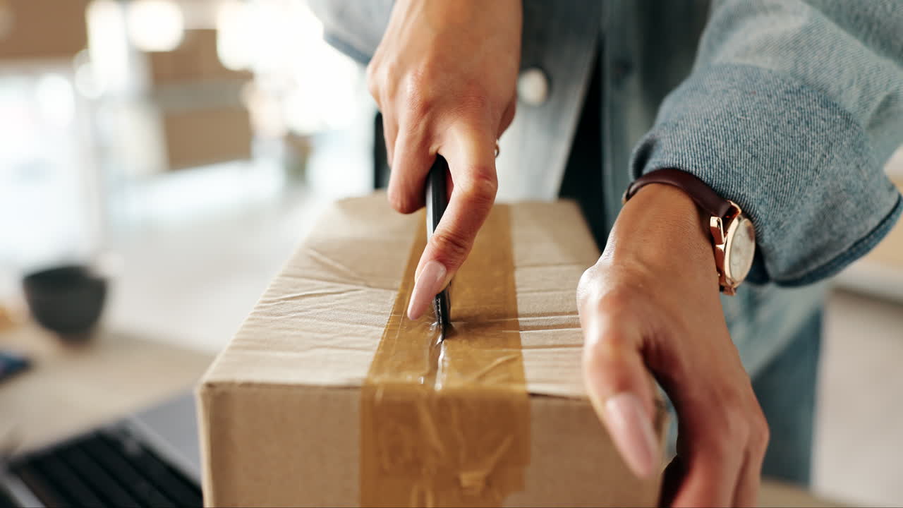 Woman opening a shipping box with a knife