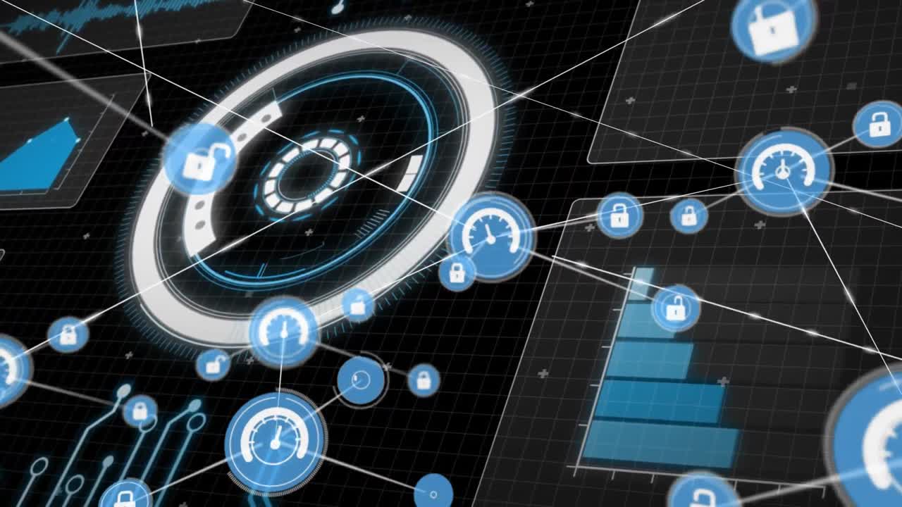 animación de la red de conexiones con iconos sobre el procesamiento de datos