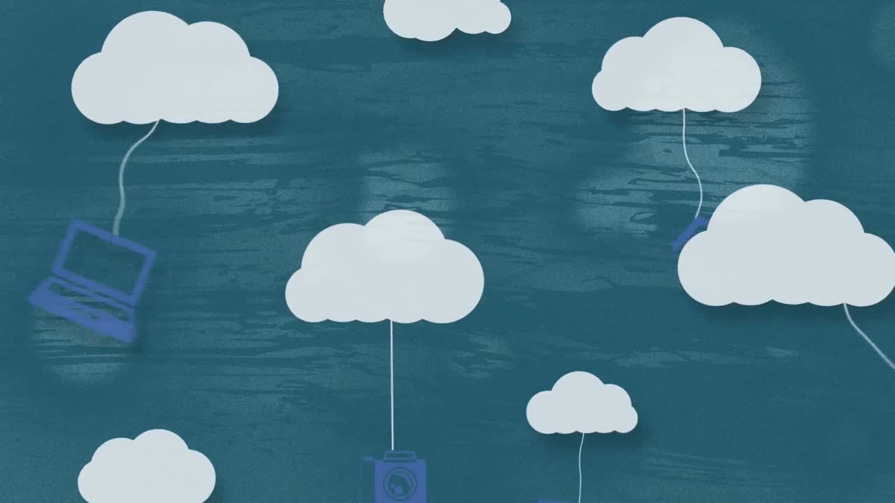 animación de múltiples iconos colgando en las nubes contra un fondo azul