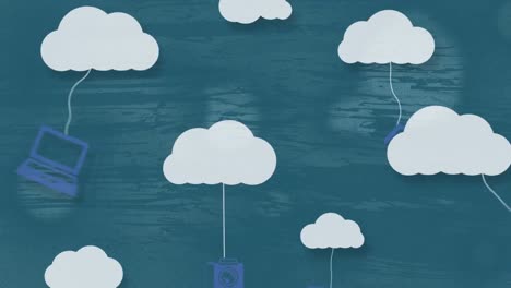 Animation-of-multiple-icons-hanging-on-clouds-against-blue-background