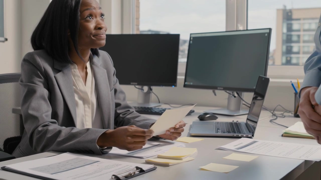 Femme de bureau en blazer gris examinant un rapport, souriant à un collègue debout au bureau, faisant glisser des papiers