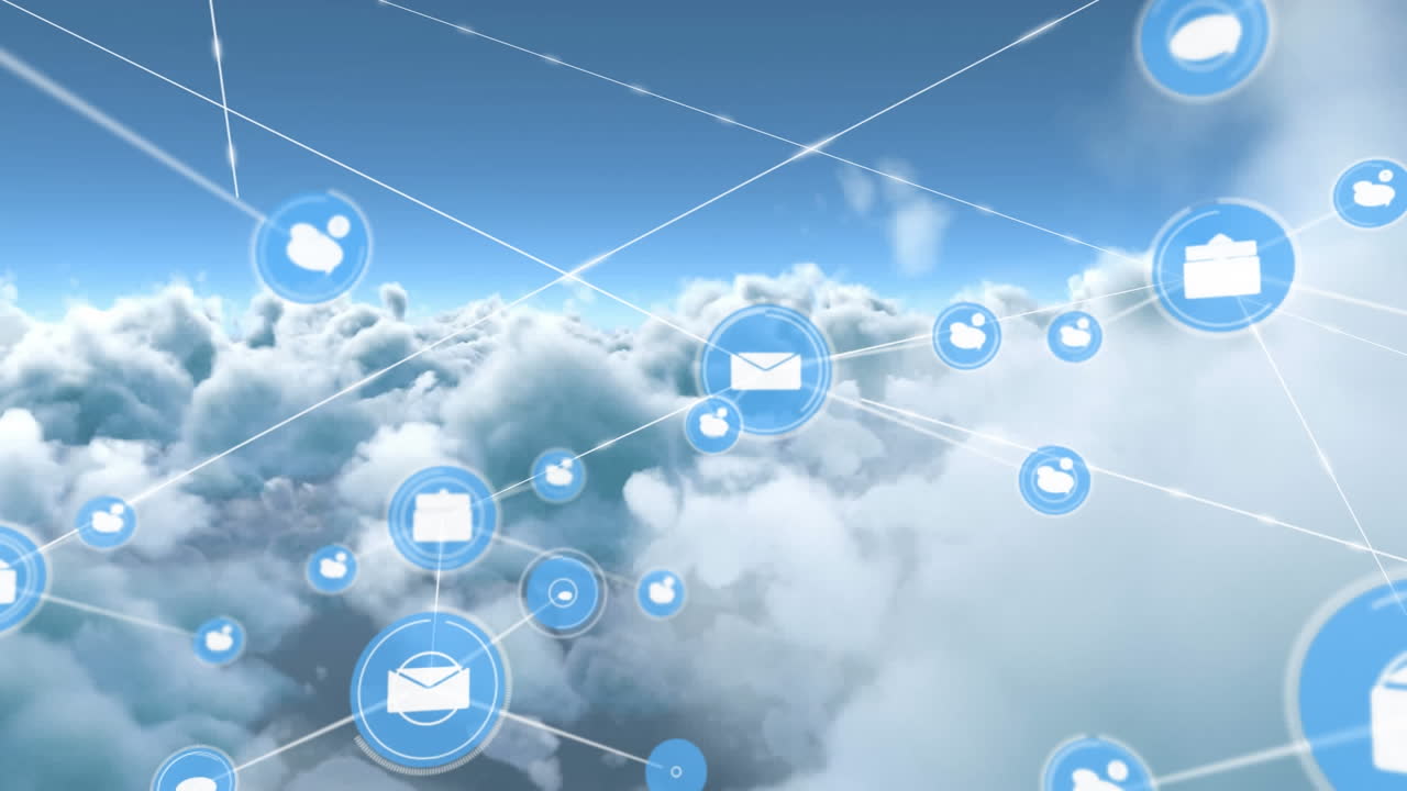 Network of digital icons against clouds in the blue sky