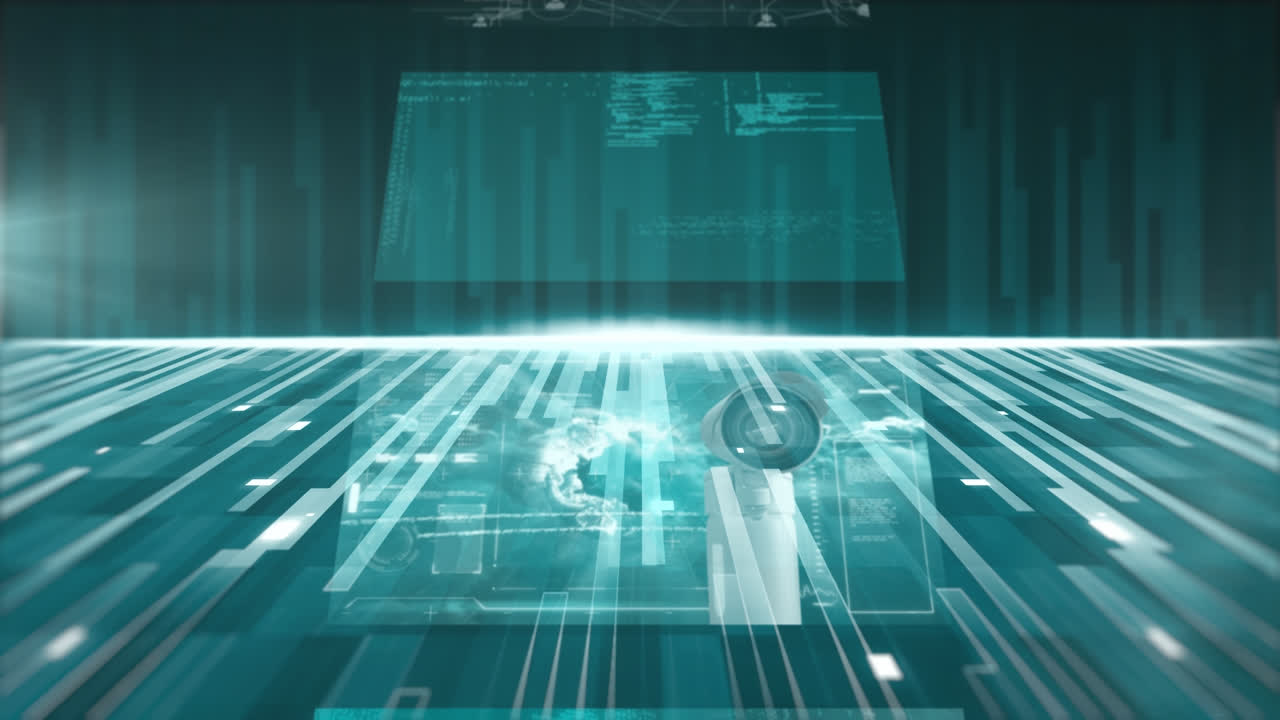 검은 바탕에 네온 라인을 통해 데이터 처리의 애니메이션