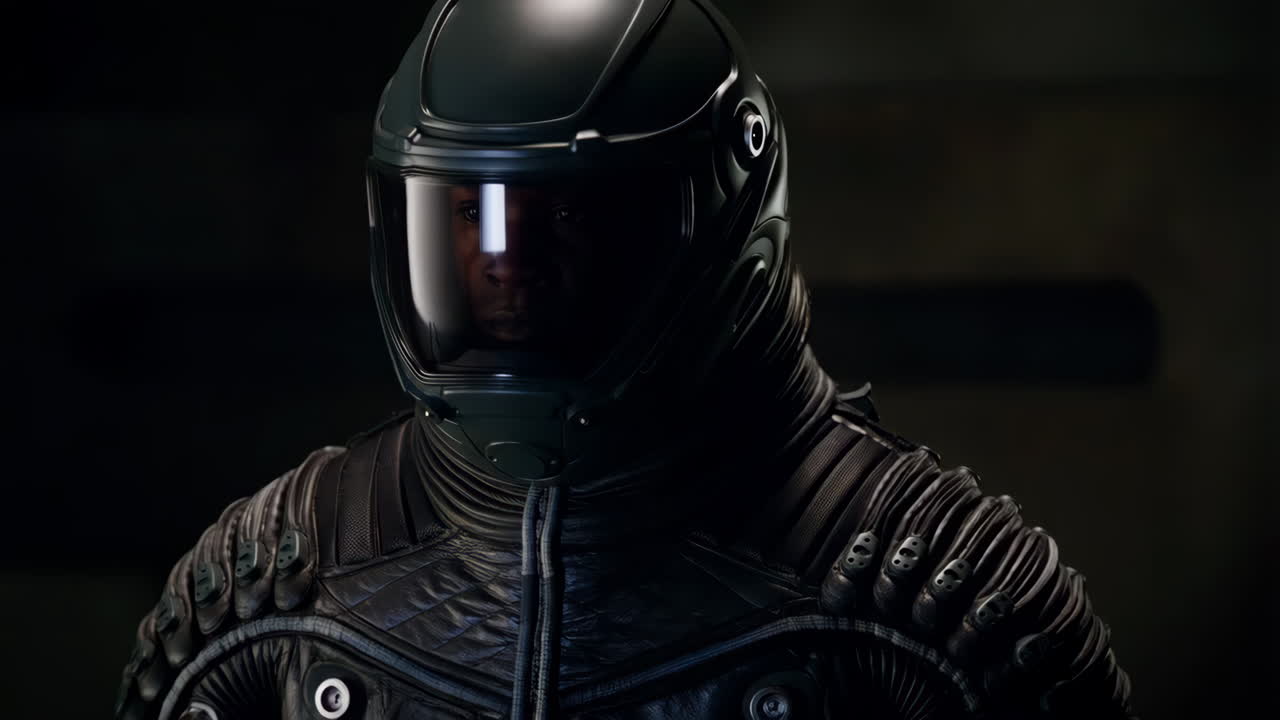 Person in Futuristic Helmet and Suit