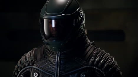person in futuristic helmet and suit