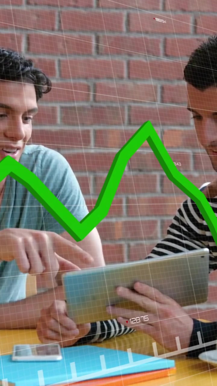 Animation of financial data processing over diverse business people in office