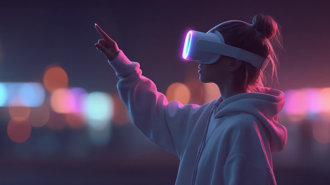 Una giovane donna impegnata nell'esplorazione della realtà virtuale, che evidenzia l'intersezione tra tecnologia e immaginazione in un ambiente vibrante ispirato al neon.