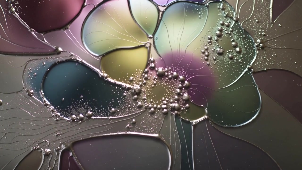 Evolving fluid film forming petal pools with metal seams on glass, color light sparking bead clump