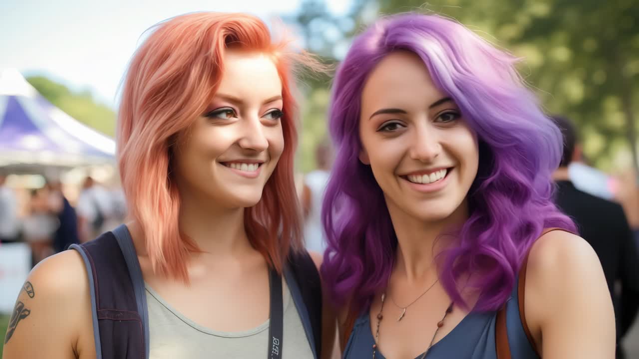 Young women with vibrant pink and purple hair sharing cheerful moment during lively outdoor festival, connecting with genuine happiness and carefree energy