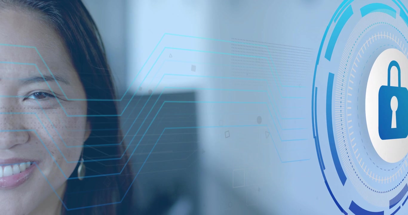 Mulher iniciando autenticação de segurança conectando linhas de circuito com ícone de cadeado para segurança de dados