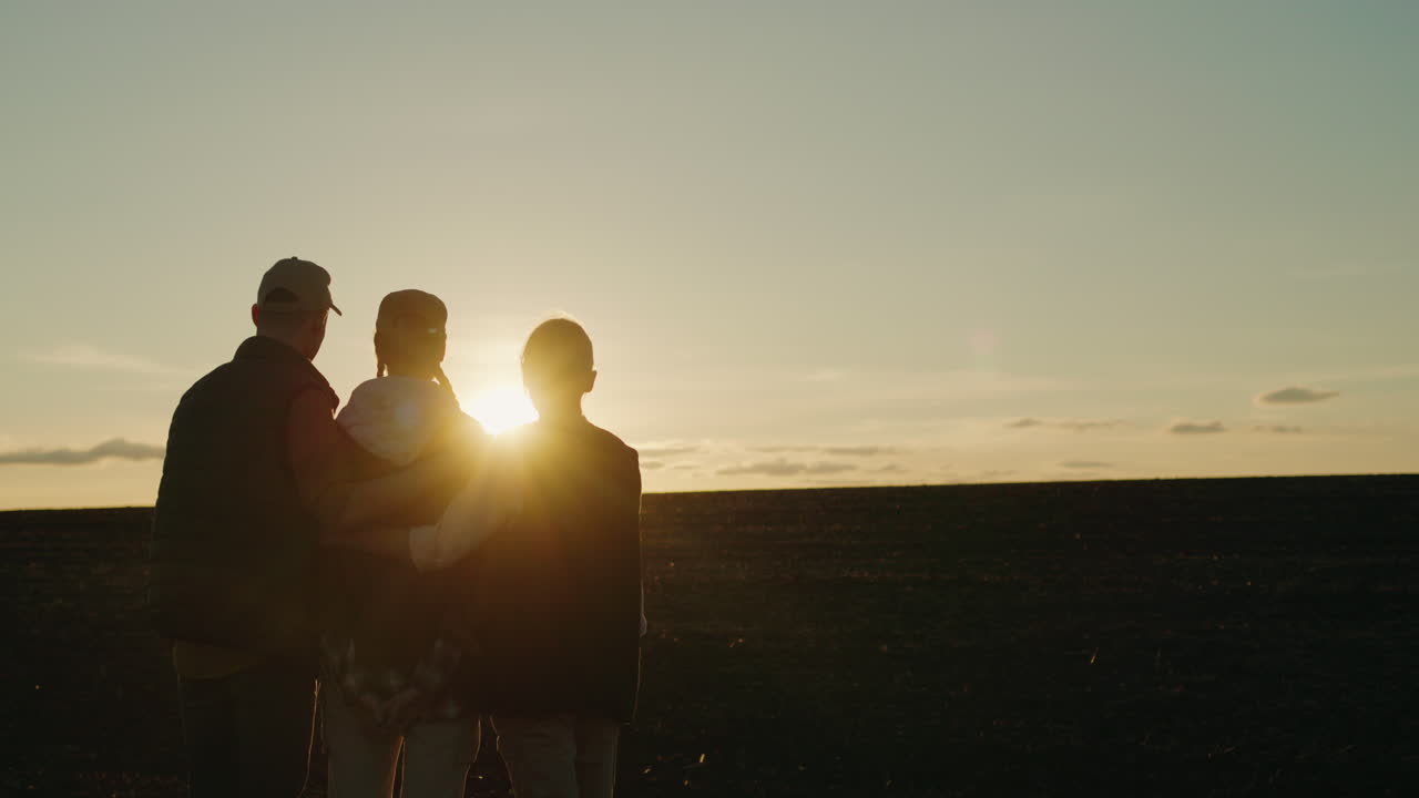 한 가족 이  에서 해 가 지는 것 을 즐기고 있다