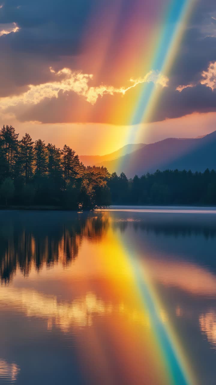 A breathtaking landscape video still, captured at eye level, showcasing a vibrant rainbow