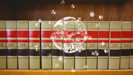 animación del globo con una red de conexiones sobre estantes con libros en la biblioteca