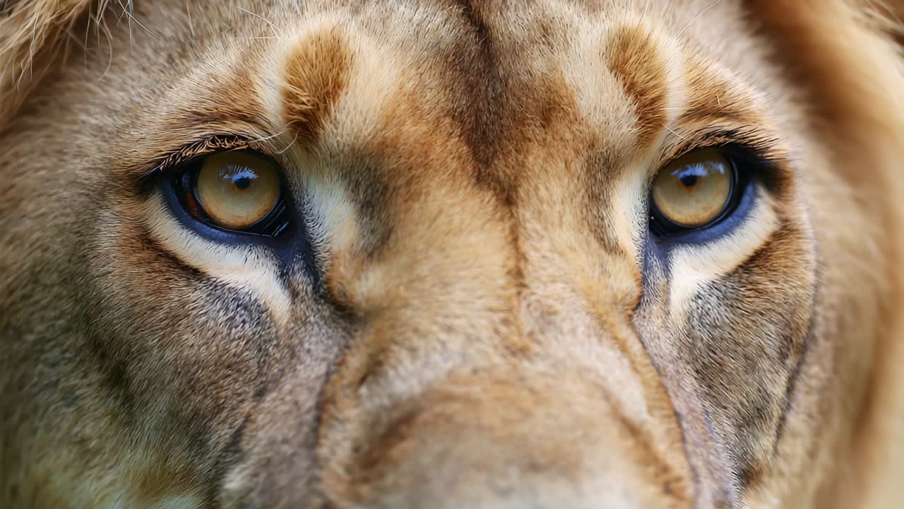 A Close-Up Look at the Majestic Lion's Intense Gaze Captured in Two Frames, Highlighting the Distinctive Features of Its Eyes and Fur, Showcasing Nature's Stunning Beauty and Power