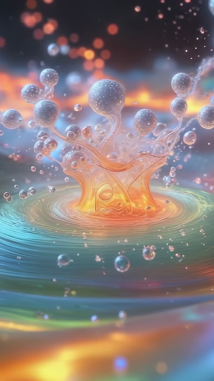 Vertical video: Falling droplet hitting liquid surface in tank, with crown rim and floating spheres